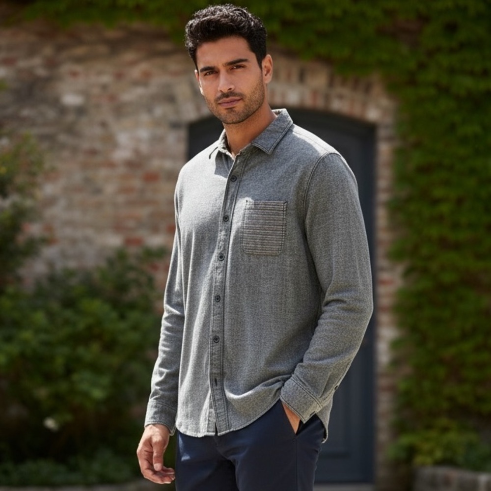 On The Byas Button Up Shirt Gray Textured Long Sleeve Cotton Casual Streetwear